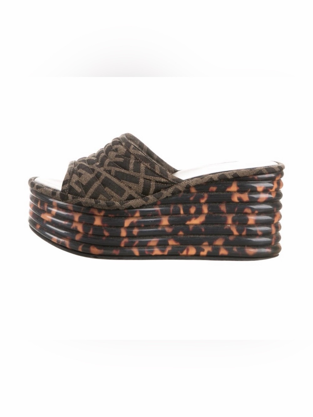 Fendi Brown Patterned Platform Slide Sandals with Tortoiseshell-Effect Sole